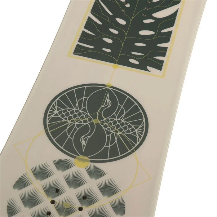 2024 Rossignol Soulside women's snowboard (top graphic, leaves/birds close up) available at Mad Dog's Ski & Board in Abbotsford, BC.