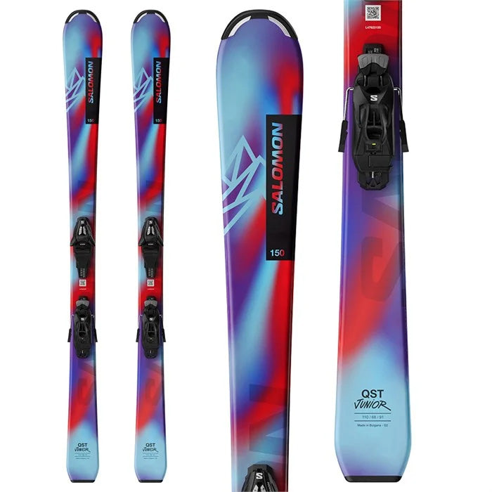 2025 Salomon QST Junior S Skis + C5 GW Bindings (blue, red) available at Mad Dog's Ski & Board in Abbotsford, BC.