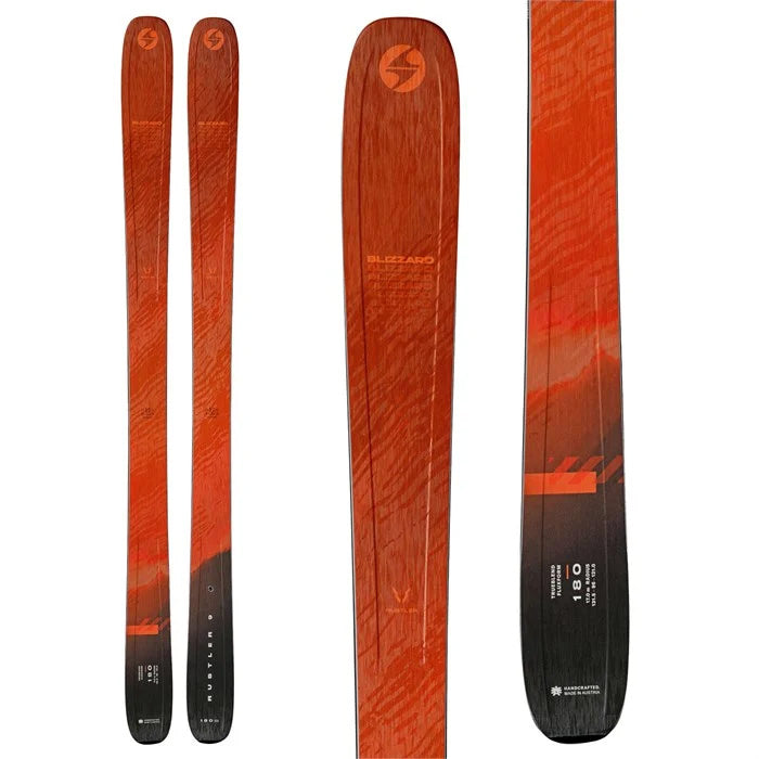 2025 Blizzard Rustler 9 skis (orange) available at Mad Dog's Ski & Board in Abbotsford, BC.