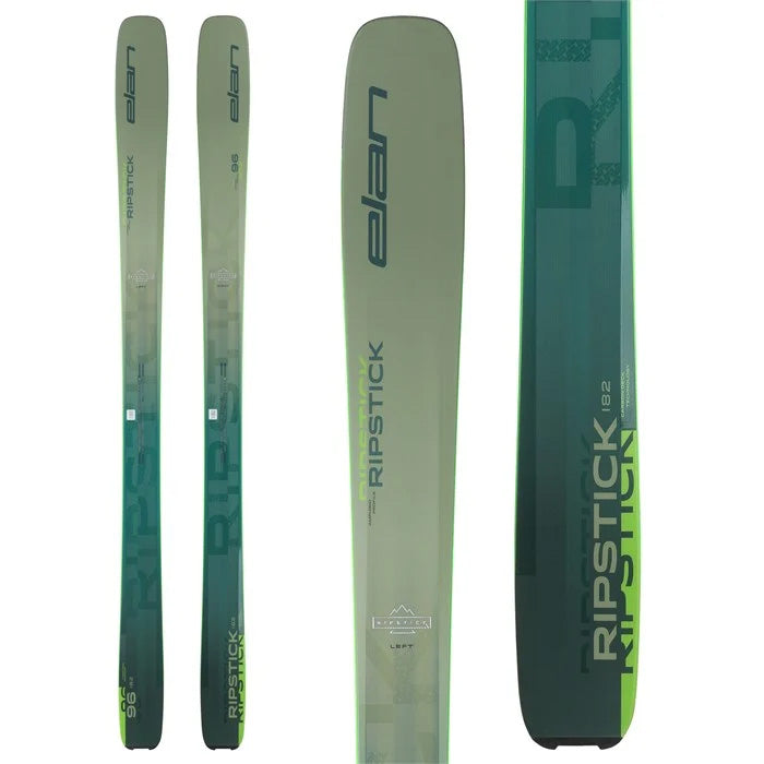 2025 Elan Ripstick skis (green top sheet) available at Mad Dog's Ski & Board in Abbotsford, BC.