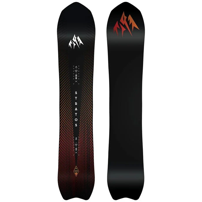 The 2025 Jones Stratos snowboard (black) available at Mad Dog's Ski & Board in Abbotsford, BC.