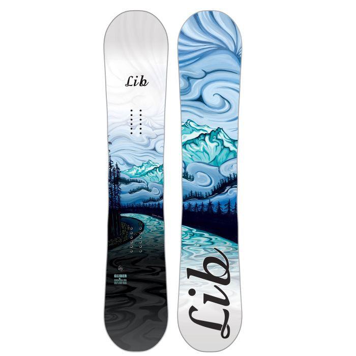 2025 Lib Tech Glider women's snowboard (blue, river/mountain graphic) available at Mad Dog'sSki & Board in Abbotsford, BC.