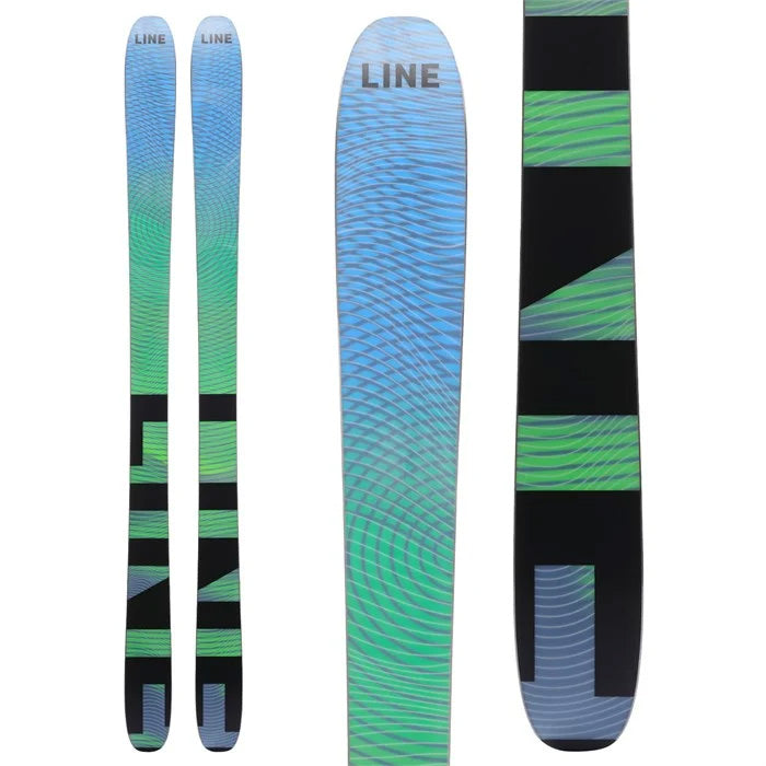 2025 Line Blade Optic 96 skis (green, blue base) available at Mad Dog's Ski & Board in Abbotsford, BC.