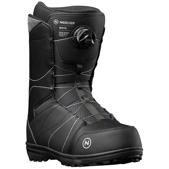 Nidecker Maya women's snowboard bindings (black) available at Mad Dog's Ski & Board in Abbotsford, BC.