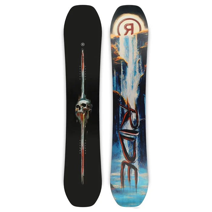 2025 Ride Shadowban snowboard (skull graphic top sheet, waterfall graphic base) available at Mad Dog's Ski  Board in Abbotsford BC.