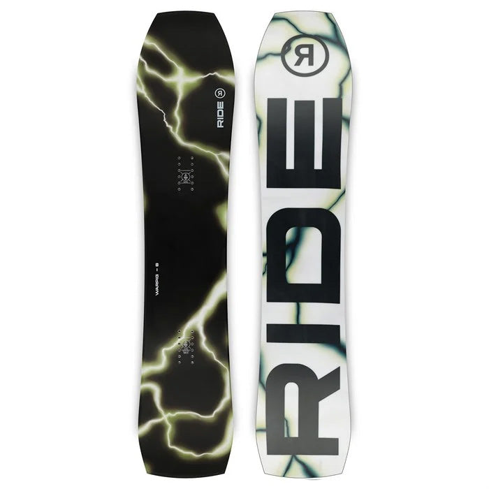 2025 Ride Warpig snowboard (lblack top sheet, white base) available at Mad Dg's Ski & Board in Abbotsford, BC.