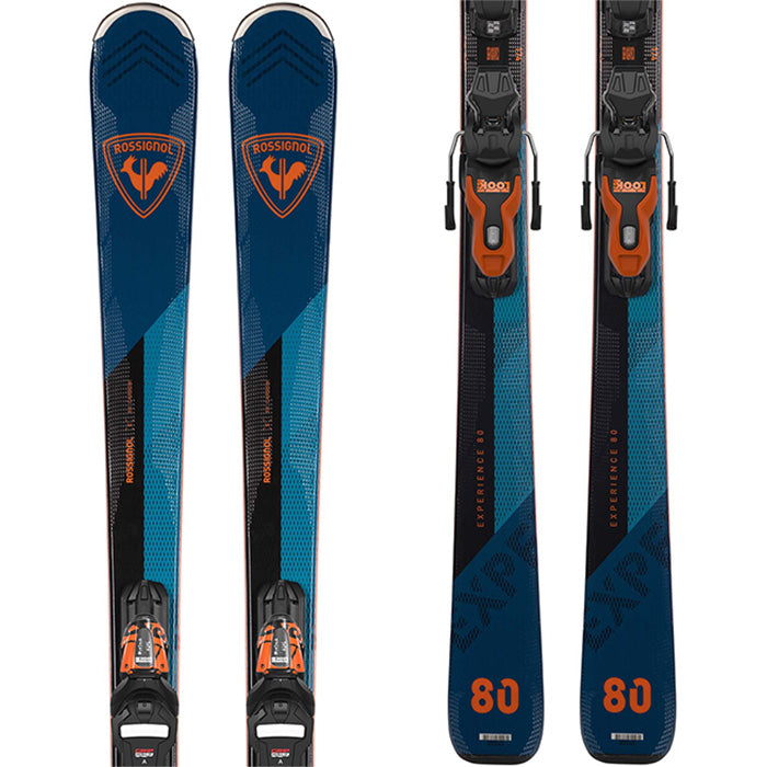 2025 Rossignol Experience 80 CA skis with Look XP10 bindings (blue, red) available at Mad Dog's Ski & Board in Abbotsford, BC.