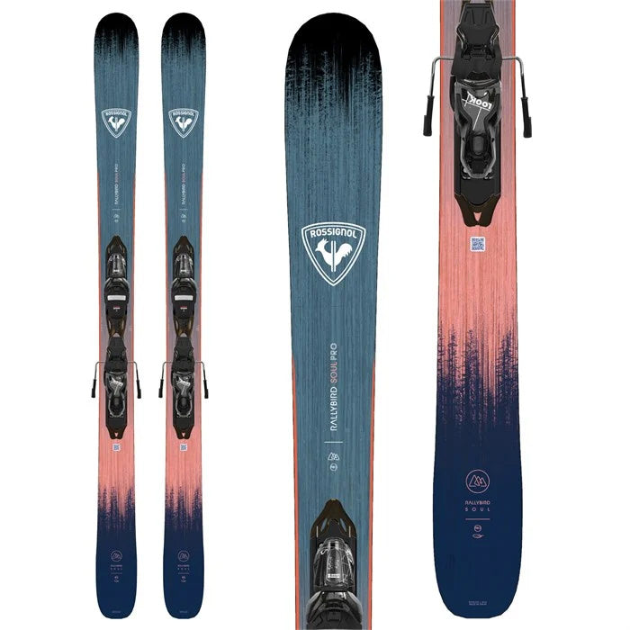 2025 Rossignol Rallybird Soul Pro women's skis with XP10 bindings (blue, pink) available at Mad Dog's Ski & Board in Abbotsford, BC.