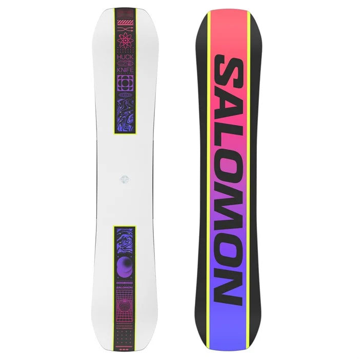 Salomon Huck Knife Snowboard (white and black with pink/purple graphics) available at Mad Dog's Ski & Board in Abbotsford, BC.