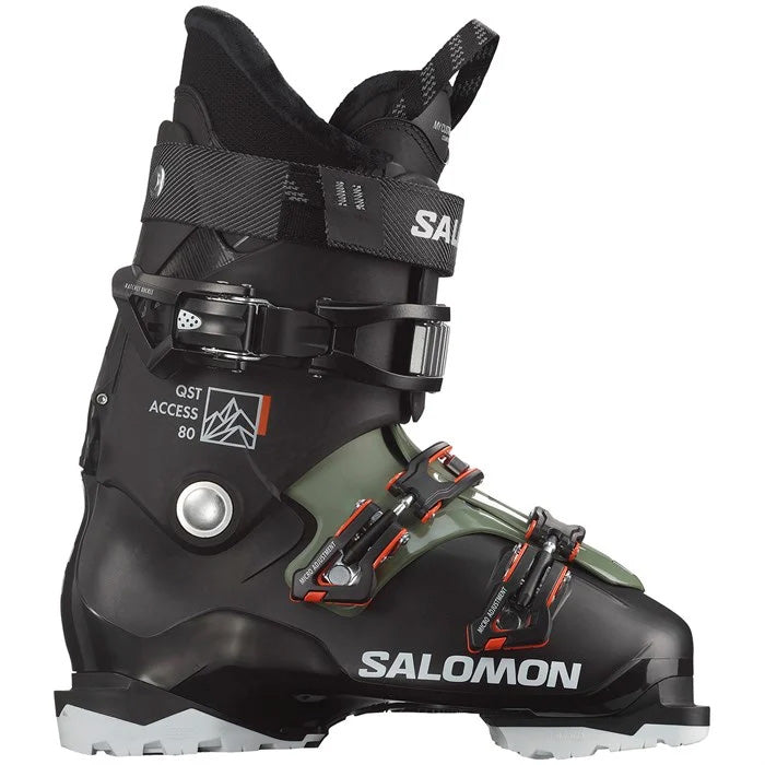 2025 Salomon QST Access 80 GW ski boots (Black / Oil Green / Beluga colour way) available at Mad Dog's Ski & Board in Abbotsford, BC.