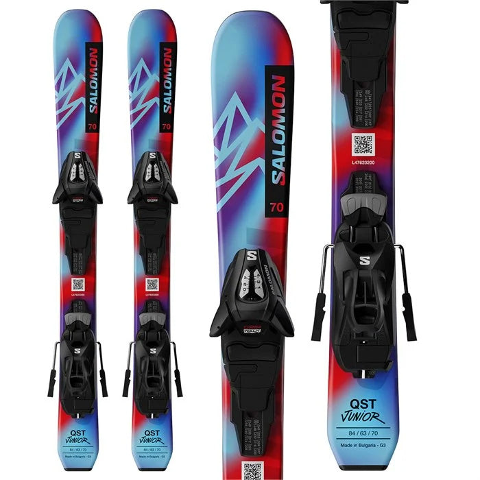 2025 Salomon QST Junior XS Skis ​+ C5 GW Bindings (blue, red) available at Mad Dog's Ski & Board in Abbotsford. BC.