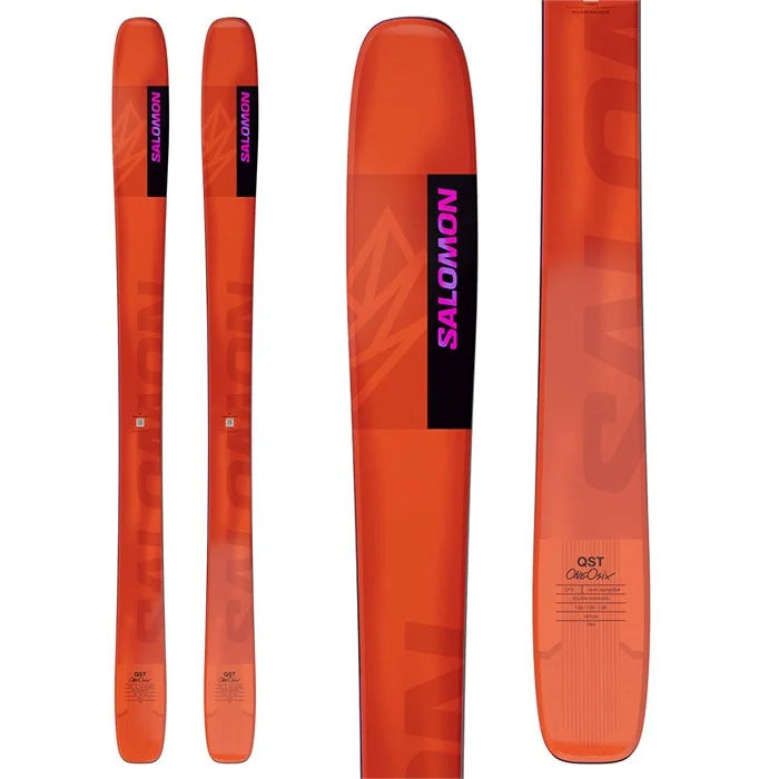 2025 Salomon QST 106 unisex skis (orange) available at Mad Dog's Ski & Board in Abbotsford, BC.