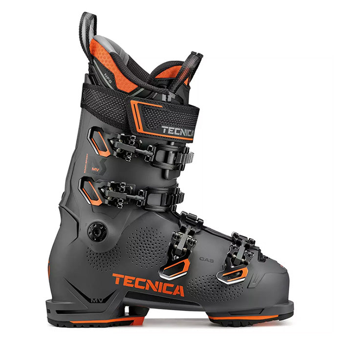 2025 Tecnica Mach Sport MV 100 ski boots (grey/orange) available at Mad Dog's Ski & Board in Abbotsford, BC.