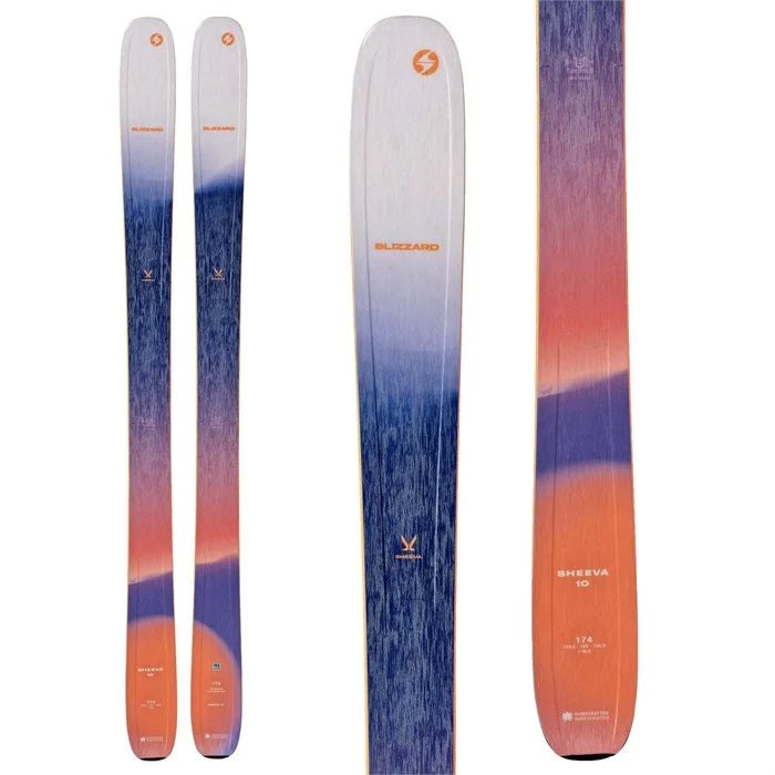 2025 Blizzard Sheeva 10 women's skis (orange, blue, white) available at Mad Dog's Ski & Board in Abbotsford, BC.