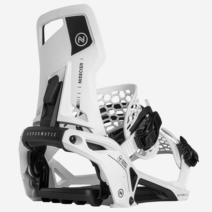 Nidecker Supermatic snowboard bindings (white) available at Mad Dog's Ski & Board in Abbotsford, BC.