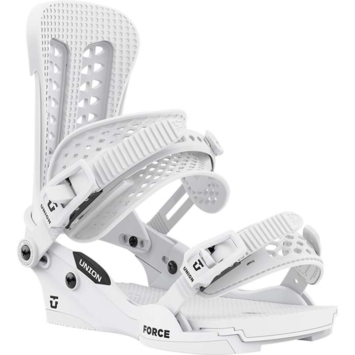 The 2023 Union Force snowboard bindings (white) are available at Mad Dog's Ski & Board in Abbotsford, BC. 