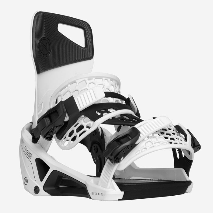 Nidecker Supermatic snowboard bindings (white) available at Mad Dog's Ski & Board in Abbotsford, BC.